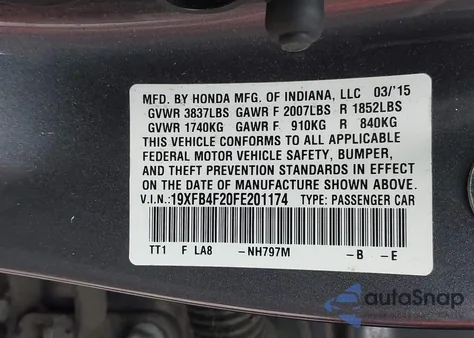 2015 Honda Civic Hybrid from USA, damaged, VIN 19XFB4F20FE201174